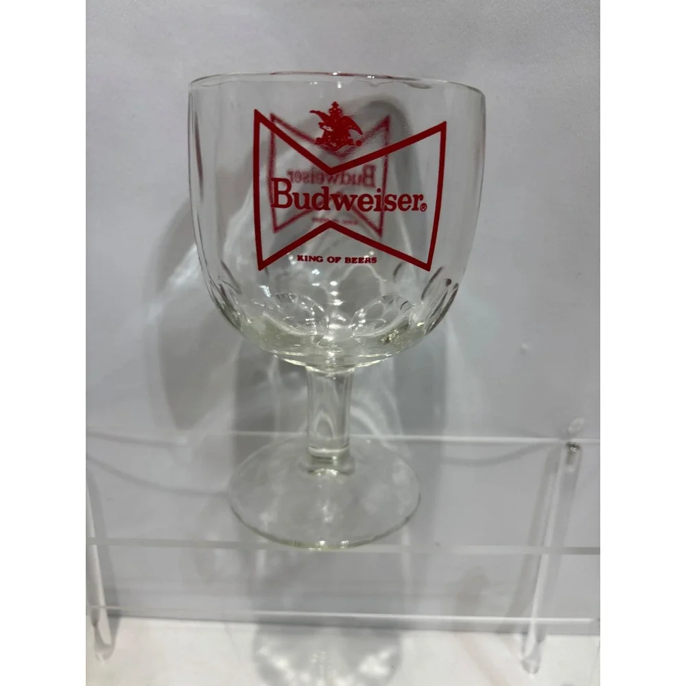 Budweiser Beer Goblet OS Clear Red Bowtie Logo Thumbprint Stemmed Glass